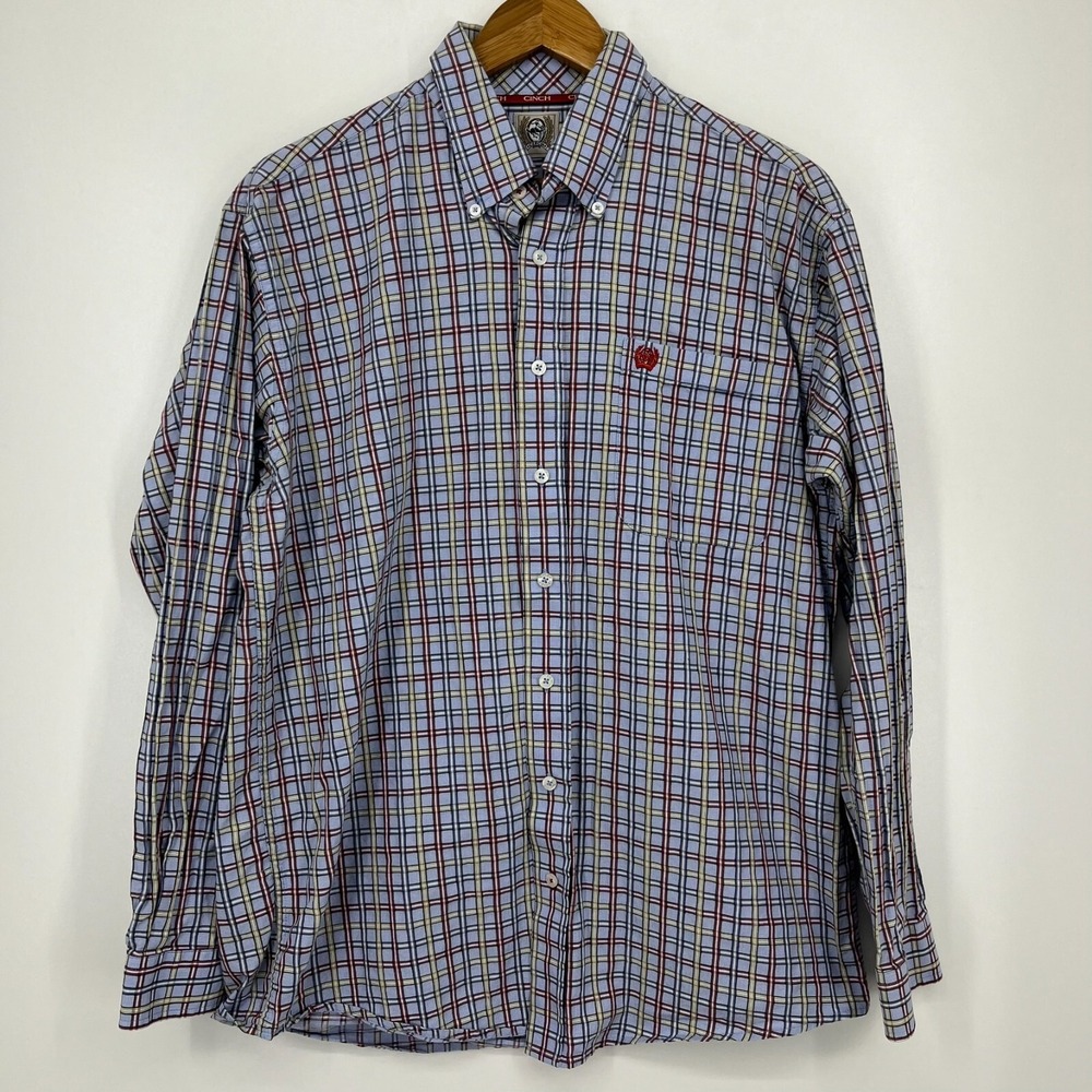 Cinch Mens Plaid Button Down Western Shirt Blue Red Long Sleeve Size Medium